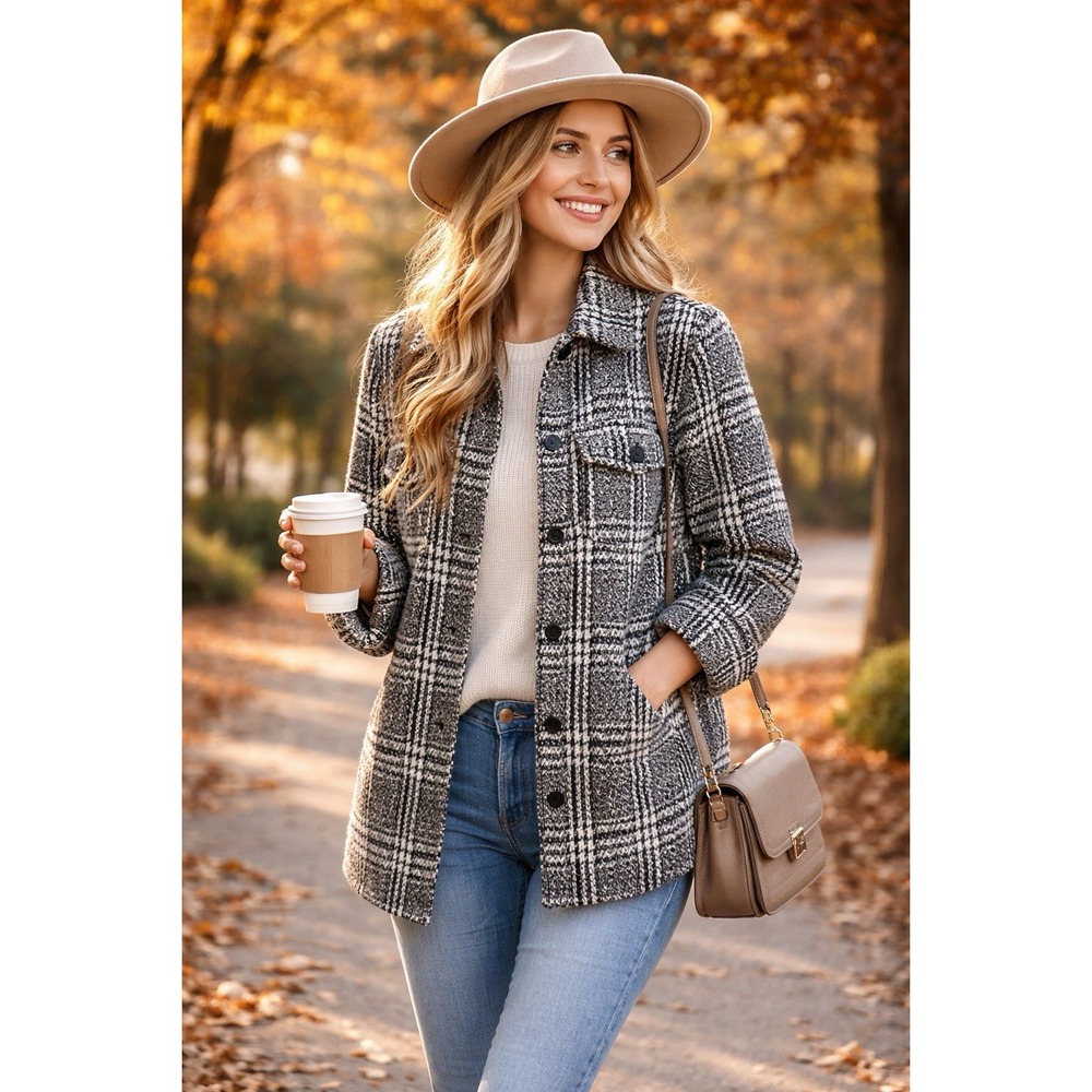 Sugar Reign‎ Plaid Black White Jacket Long Button Front Medium